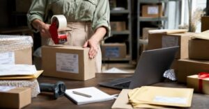 E-commerce packaging with a shipping label ready for delivery, showcasing the process of offering free shipping