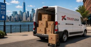 Local delivery scene near [local landmark], with e-commerce packages being delivered to customers using free shipping