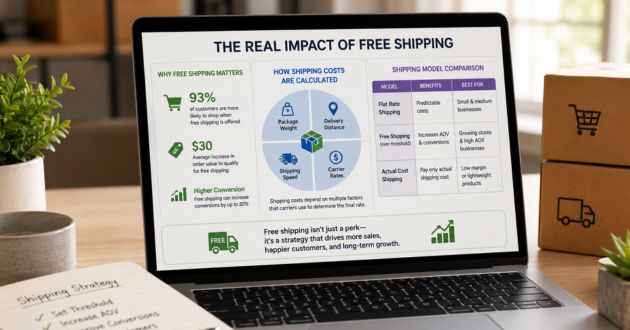 Infographic showing how shipping costs are calculated and how free shipping discount codes can increase sales